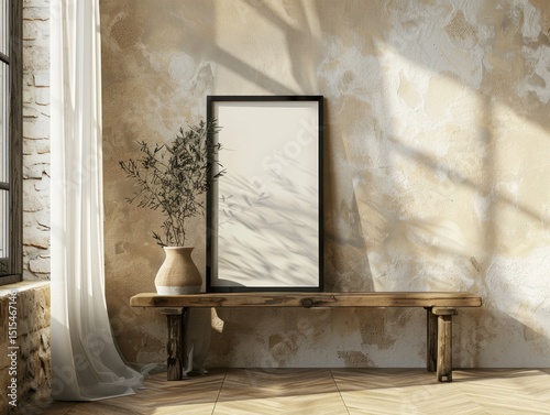 A wooden bench is in front of a white wall. A black framed picture is on the bench