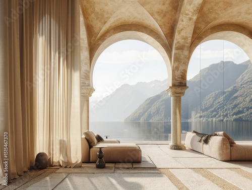 A room with a view of the mountains and a lake. The room is decorated with white curtains and a tan carpet