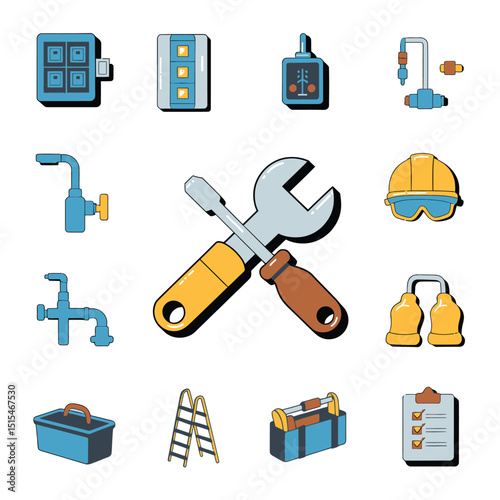  vector icons representing home fix and factory maintenance, gas and electricity maintenance                              

