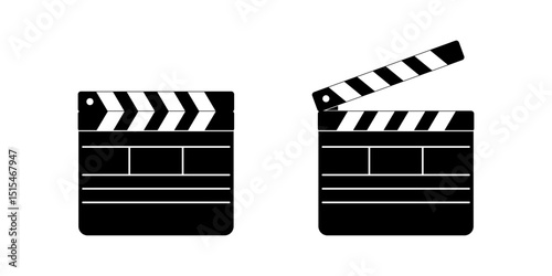 Closed and open movie clapboard silhouettes. Clapper boards isolated on white background. Camera and action concept. Video production tools for use in filming area. Vector graphic illustration.
