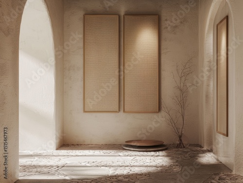 A room with two paintings on the wall and a vase with a plant in it. The room is empty and has a lot of light coming in