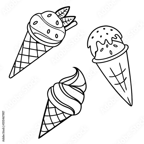 Collection of three simple ice cream cone outline drawings suitable for children and adults ideal for coloring crafting or artistic inspiration at any time