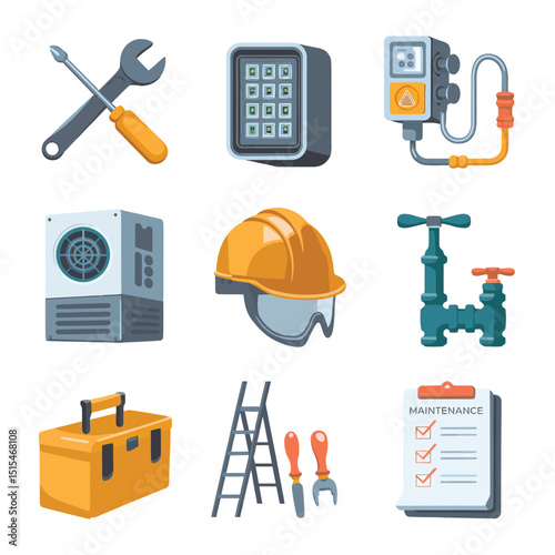  vector icons representing home fix and factory maintenance, gas and electricity maintenance                              
