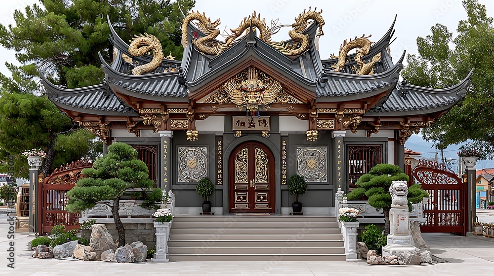 Fototapeta premium Ancient style pagoda with curved rooftops and gold carvings high resolution photo