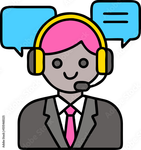 Customer - Service - Agent - related Vector Icon. Features a customer service agent with pink hair, wearing a headset and a suit, with blue speech bubbles. Editable outlines. Vector illustrations.