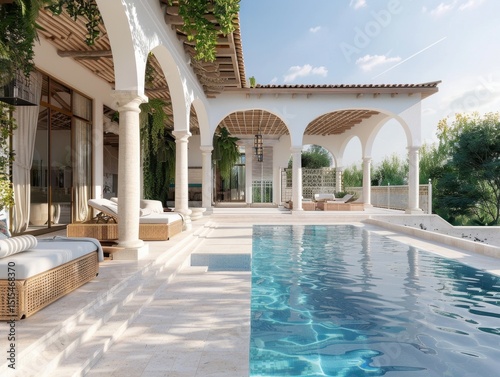 A pool with a white roof and a white house. The pool is surrounded by a white fence
