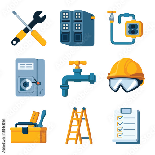  vector icons representing home fix and factory maintenance, gas and electricity maintenance                              
