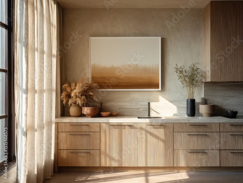 A kitchen with a white counter and brown cabinets. A framed painting hangs on the wall. A vase with flowers sits on the counter