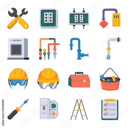  vector icons representing home fix and factory maintenance, gas and electricity maintenance                              
