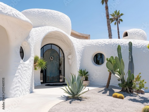 A white house with a blue door and a large archway. The house has a large tree in front of it