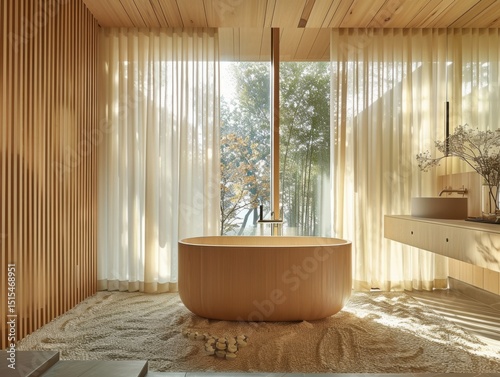 A wooden bathroom with a bathtub and a sink. The bathtub is wooden and has a stone floor