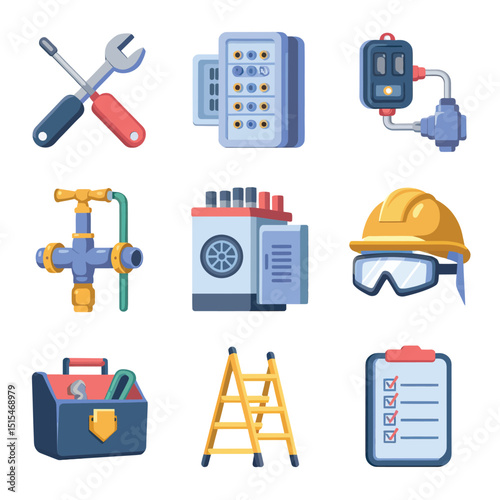  vector icons representing home fix and factory maintenance, gas and electricity maintenance                              
