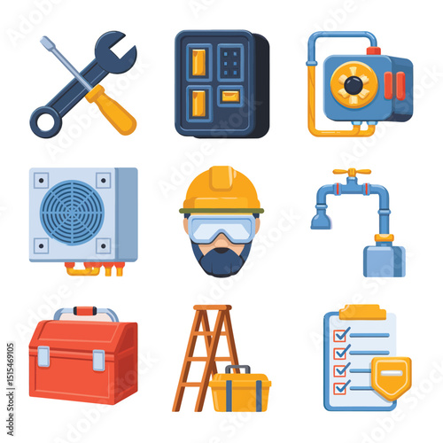  vector icons representing home fix and factory maintenance, gas and electricity maintenance                              
