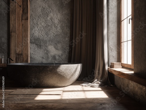 A large bathtub with a wooden floor and a window in the background. The window is open and the curtains are drawn