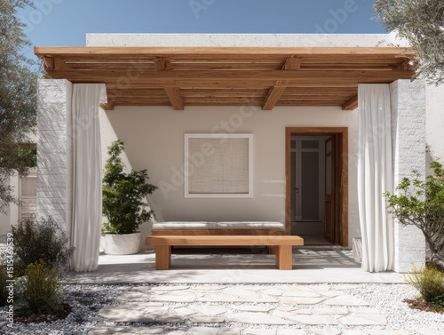 A patio with a wooden pergola and a white umbrella. A bench is under the umbrella