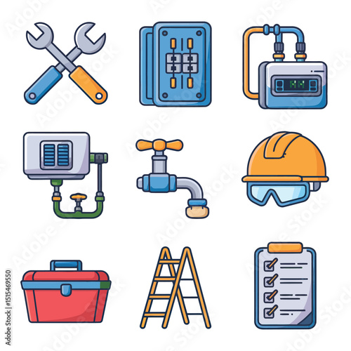  vector icons representing home fix and factory maintenance, gas and electricity maintenance                              
