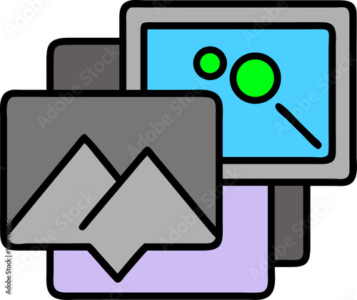 Image - Search - Management - related Vector Icon. Features stacked images with a green search icon on one. Editable details. Vector illustrations.