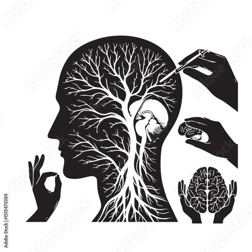 Black Color Nervous system Vector Illustration, Solid White Background