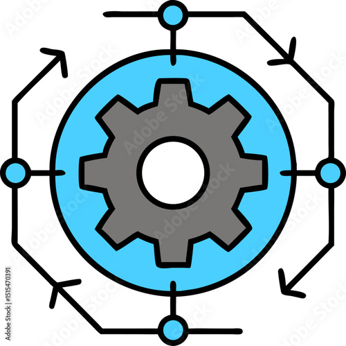 System - Configuration - Operation - related Vector Icon. Features a gray gear within a blue circle, surrounded by blue dots and arrows indicating movement. Editable outlines. Vector illustrations.