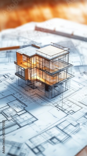 A modern architectural model rests atop blueprints, showcasing sleek design and detailed plans photo