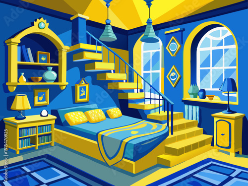 vector of Yellow and blue decorated bedroom, two-story bed, real cozy environment...