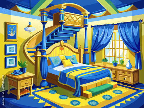 vector of Yellow and blue decorated bedroom, two-story bed, real cozy environment...