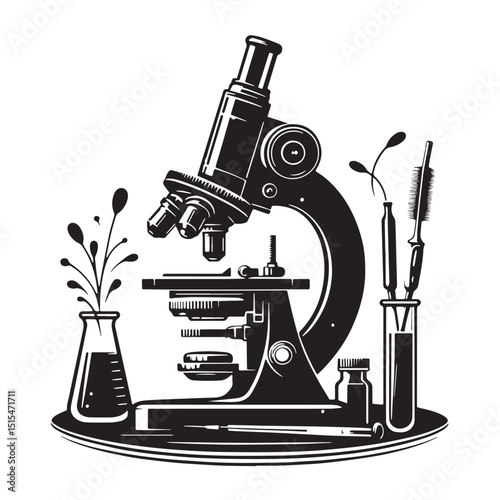 Black Color Pathology microscope Vector Illustration, Solid White Background