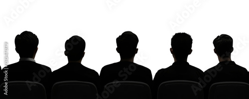 Back view of five silhouetted people sitting on chairs in a dark environment watching something now. Transparent background.