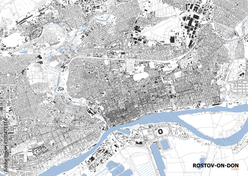 Monochrome Magnified: Rostov-on-Don's Roadside Architecture & River Networks (Detailed Vector)