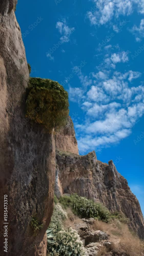 Granite mountain landscape featuring dramatic cliffs and bright blue sky dotted with fluffy white clouds, with scattered vegetation on the slopes.