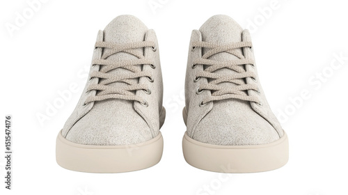 A clean pair of stylish light beige fabric high top casual sneakers sits together. Transparent background.