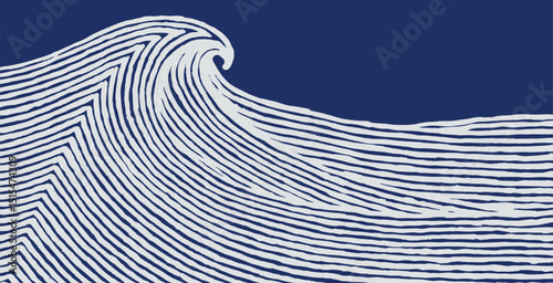 Abstract brush lines simple ocean wave background in white and blue, Japanese and ethnic hand drawn, wood carving texture graphic for textile, decoration, carpet