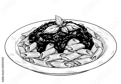Summer Menu Sketch: Pasta with Tomatoes & Basil. Monochrome Illustration for Cafe, Food Blogs, Magazines 
