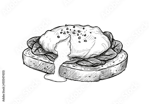 Sketch: Poached Egg Toast with Spinach, Sauce. Monochrome Summer Menu Icon for Cafe, Food Blogs, Magazines 