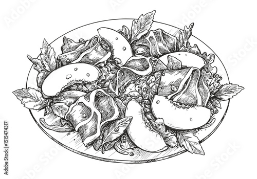 Illustration of Peach and Prosciutto Salad. Monochrome Summer Menu for Cafe, Food Blogs, Magazines