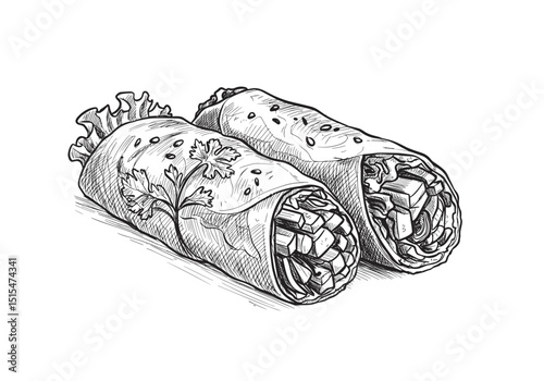 Summer Veggie Spring Rolls, Monochrome Sketch. Summer Menu Concept for Cafe, Food Blogs, Magazines