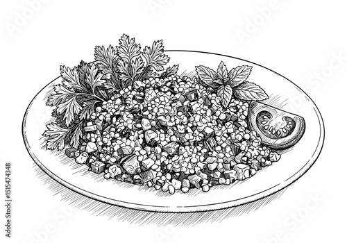 Tabbouleh Salad with Bulgur, Monochrome Sketch. Summer Menu for Cafe, Food Blogs, Magazines 