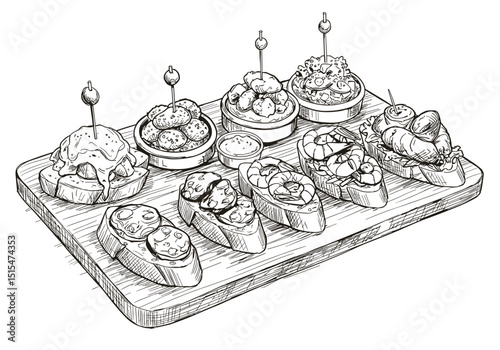 Tapas Platter on Wooden Board, Monochrome Sketch. Summer Menu Appetizers for Cafe, Food Blogs, Magazines