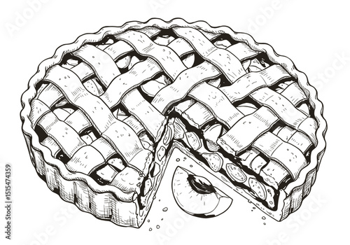 Apricot pie illustration with a slice removed and fresh fruits  