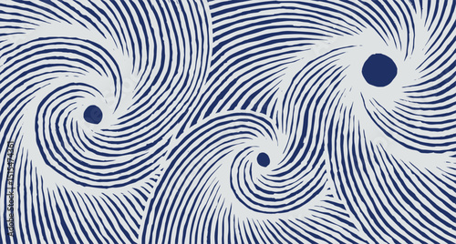 Hand drawn brush lines abstract whirlpool circular pattern in white and blue, Japanese wood carving texture background, irregular graphic for carpet, textile, decoration