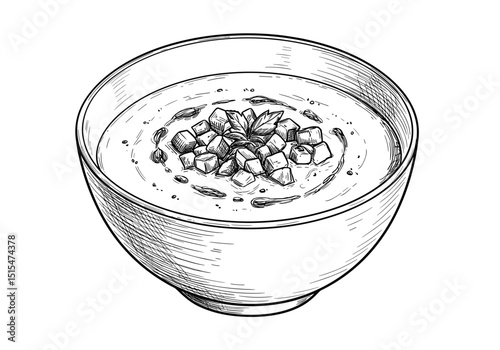 Gazpacho Bowl with Diced Vegetables. Monochrome Summer Menu Sketch for Cafe, Food Blogs, Magazines