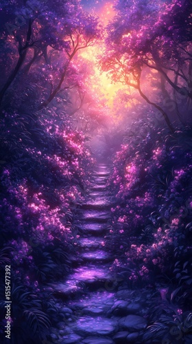 A fantasy forest path illuminated by magical glowing lights, vibrant flowers, and an enchanting atmosphere that evokes a dreamlike adventure through nature.