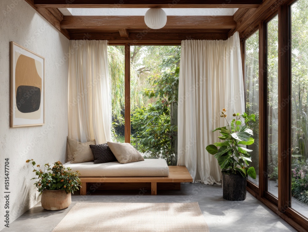 Fototapeta premium A room with a white curtain and a plant. The curtain is open. There is a couch and a bed in the room