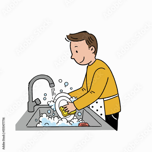 Cartoon man washing dishes in the kitchen sink, sponge and soap visible, water droplets, simple interior setting, white background, minimalistic vector illustration.