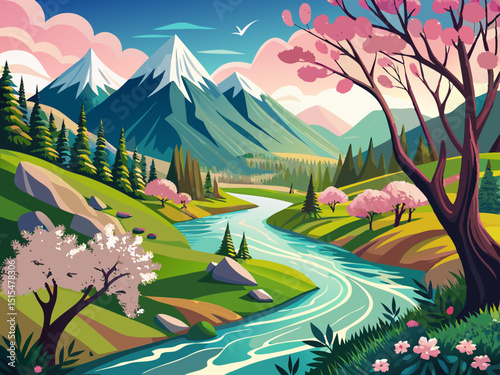 vector of The beautiful view in the spring season of trees in the foothills and high mountains and the passage of water from the rivers that flow from the mountains.