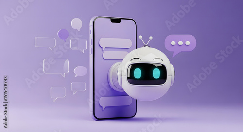 Modern AI Assistant Head with Glowing Eyes and Speech Bubbles Next to Mobile Phone.
