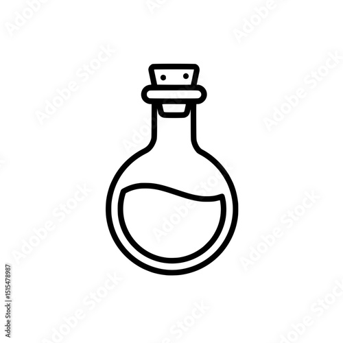 Potion Bottle Outline Icon: Simple Line Art of a Glass Flask with Liquid and Cork Stopper