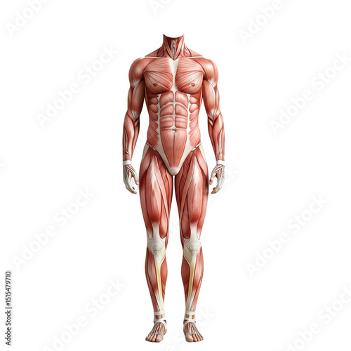 Detailed anatomical illustration of a male human body showcasing muscle structure