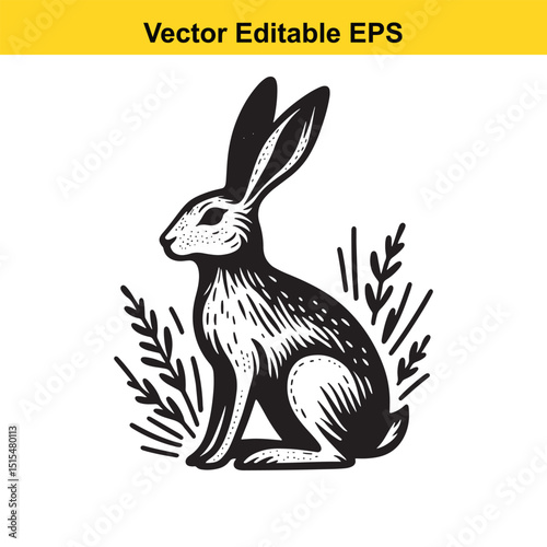 A black and white illustration of a rabbit sitting amidst stylized grass