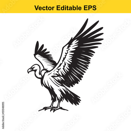A majestic vulture with its wings spread wide, showcasing its powerful build and sharp beak.